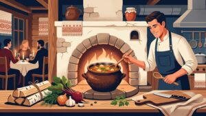Иллюстрация процесса медленного томления блюд по старинным русским рецептам в современном стиле